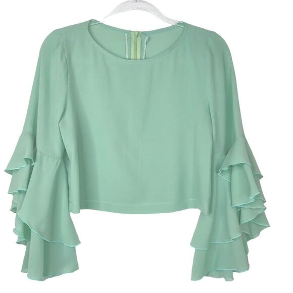 Green Ruffle Layered Sleeve Pastel Chiffon Top Green Small St. Patrick's Day - Picture 6 of 16